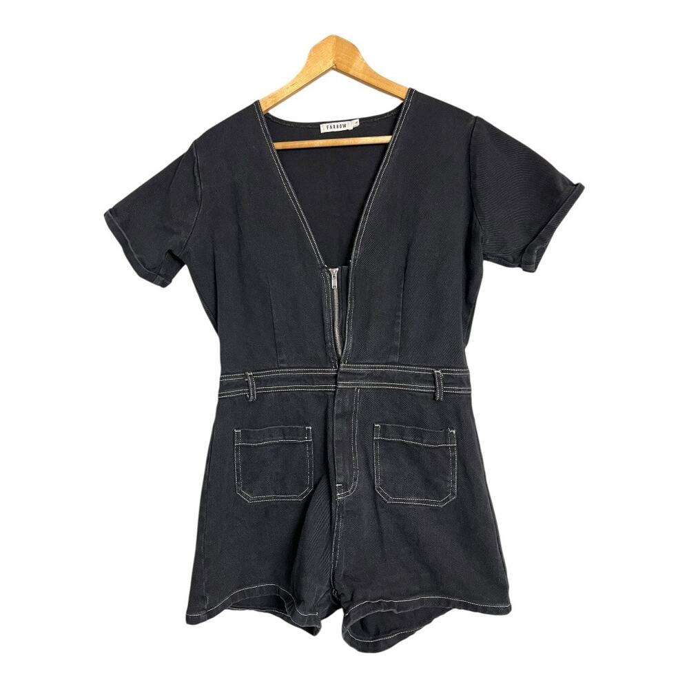 Farrow Black Denim Romper Womens Large Zip Front Utility Short Jumpsuit
